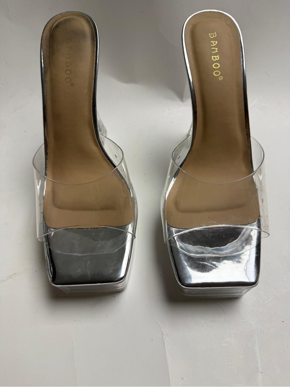 BAMBOO Clear Strap Silver Square-Toe Platform Mules